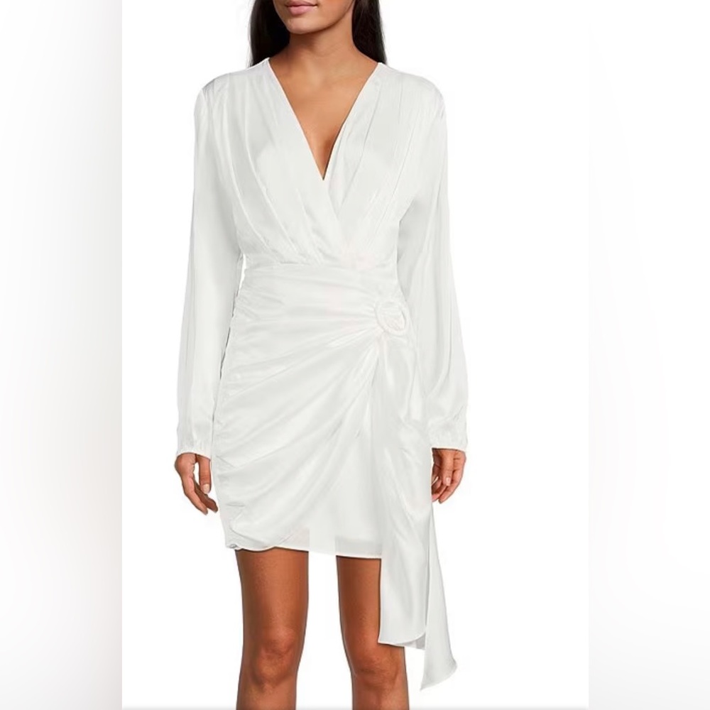 WAYF Attina Surplice Long Blouson Sleeve Cascade Drape Ruffle Ring Faux Wrp